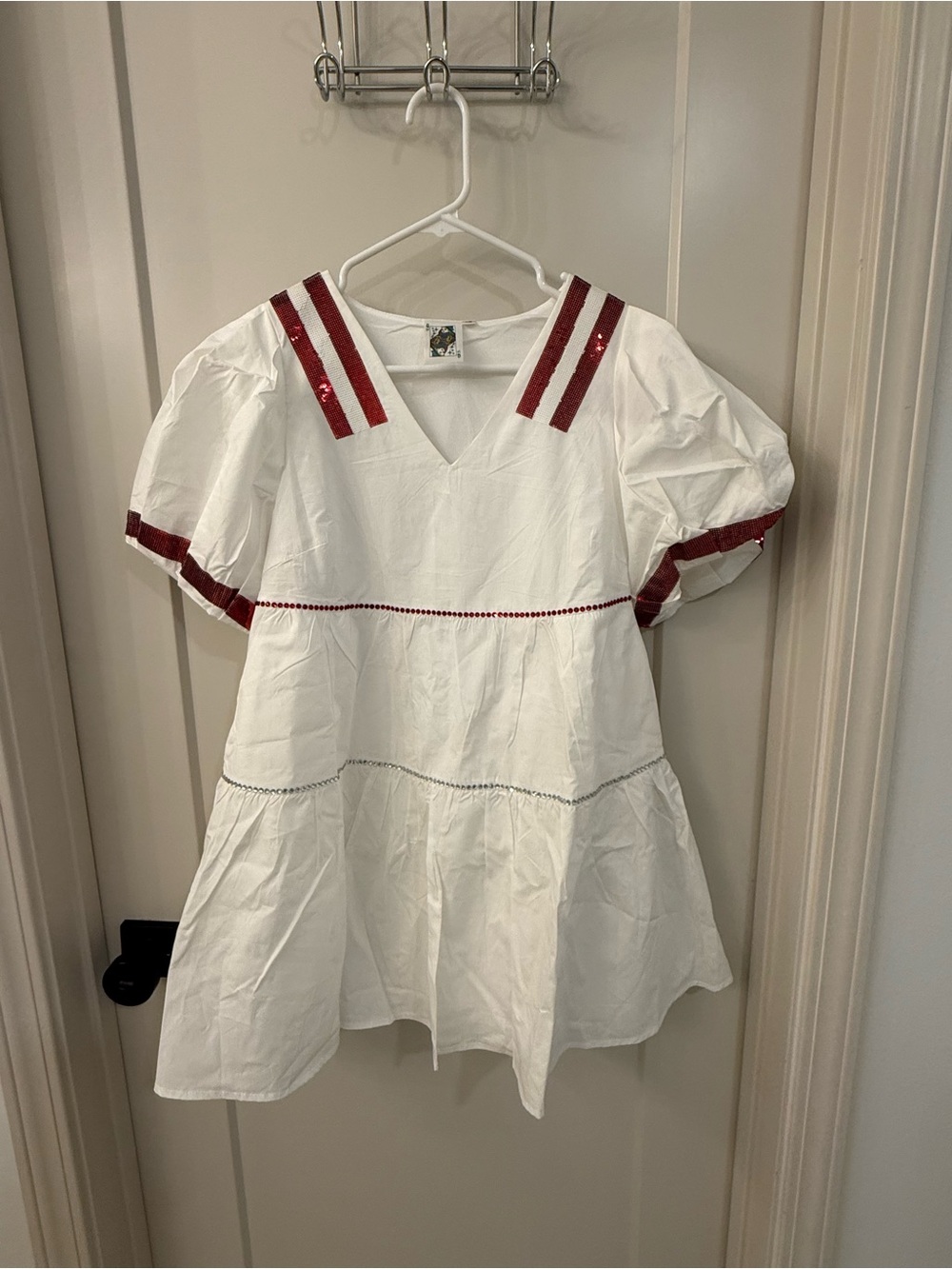 Queen of Sparkles White Puff Sleeve dress with Red Trim